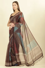 Brown Organza Cotton Printed Saree