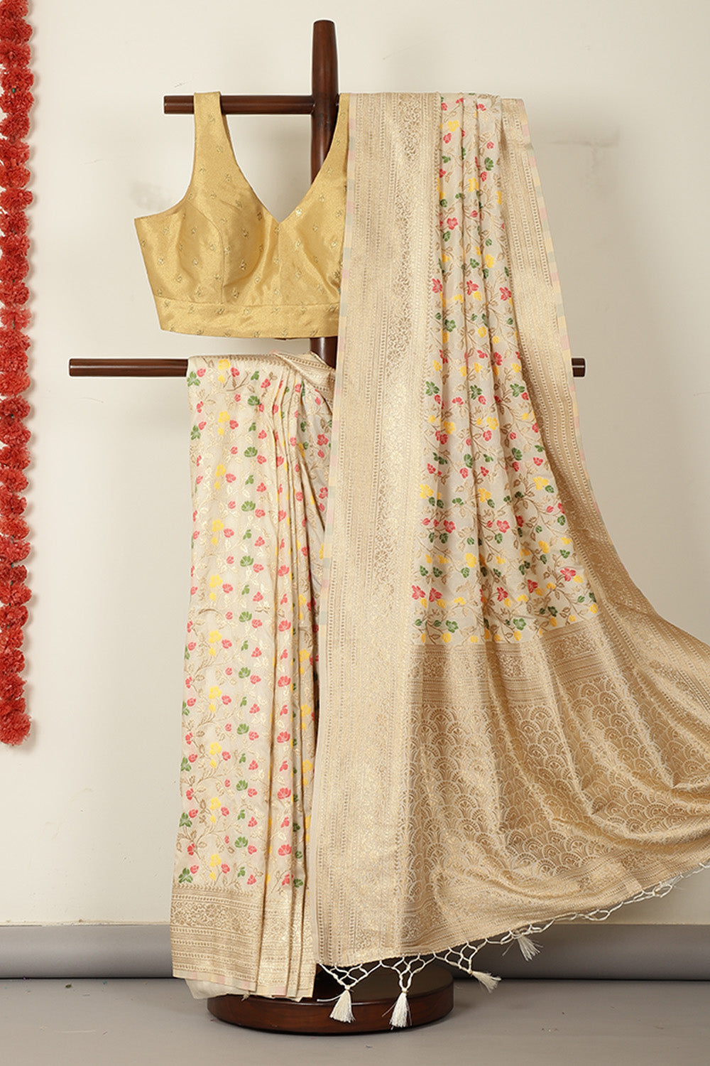 Cream Silk Resham & Zari Woven Saree