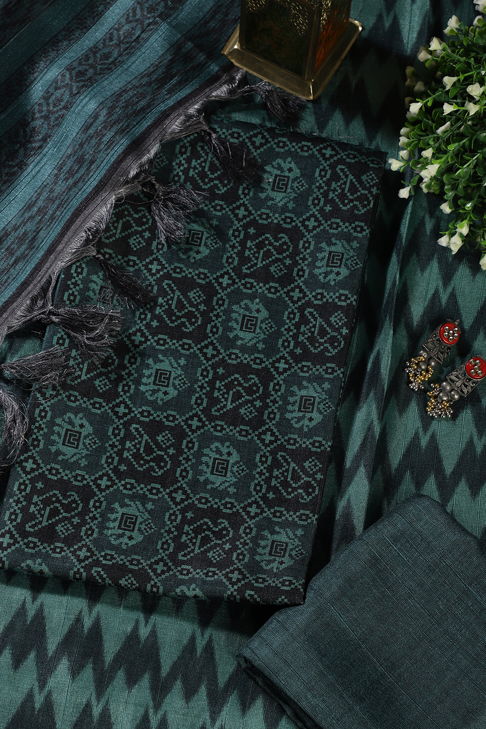 Mint Green & Black Chanderi Cotton Digital Printed Unstiched Suit Material