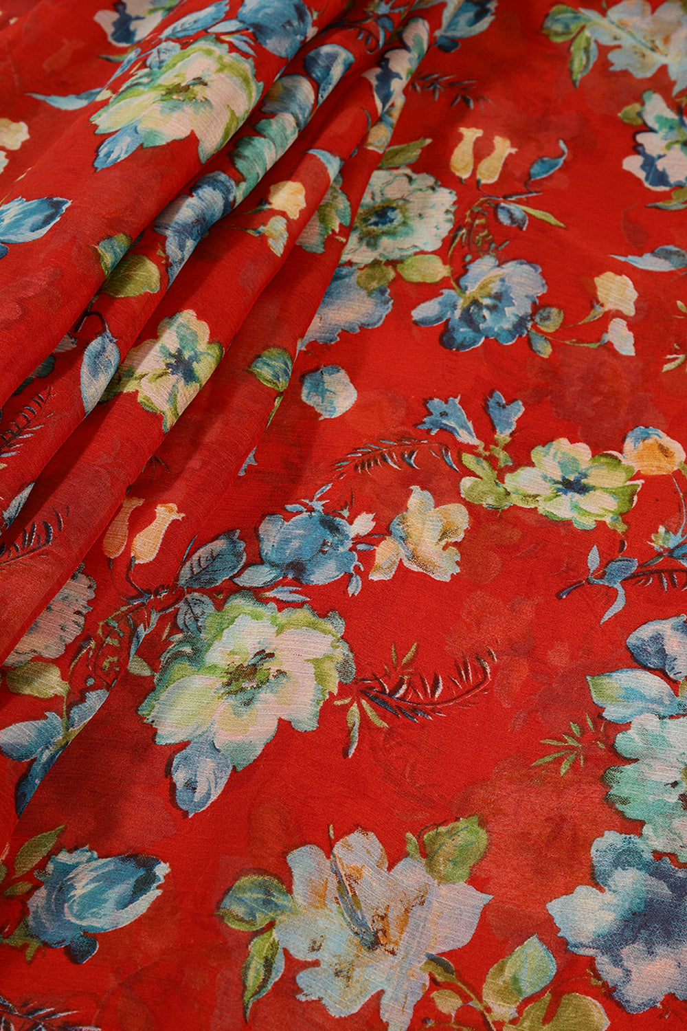 Red Color Floral Printed Chiffon Saree
