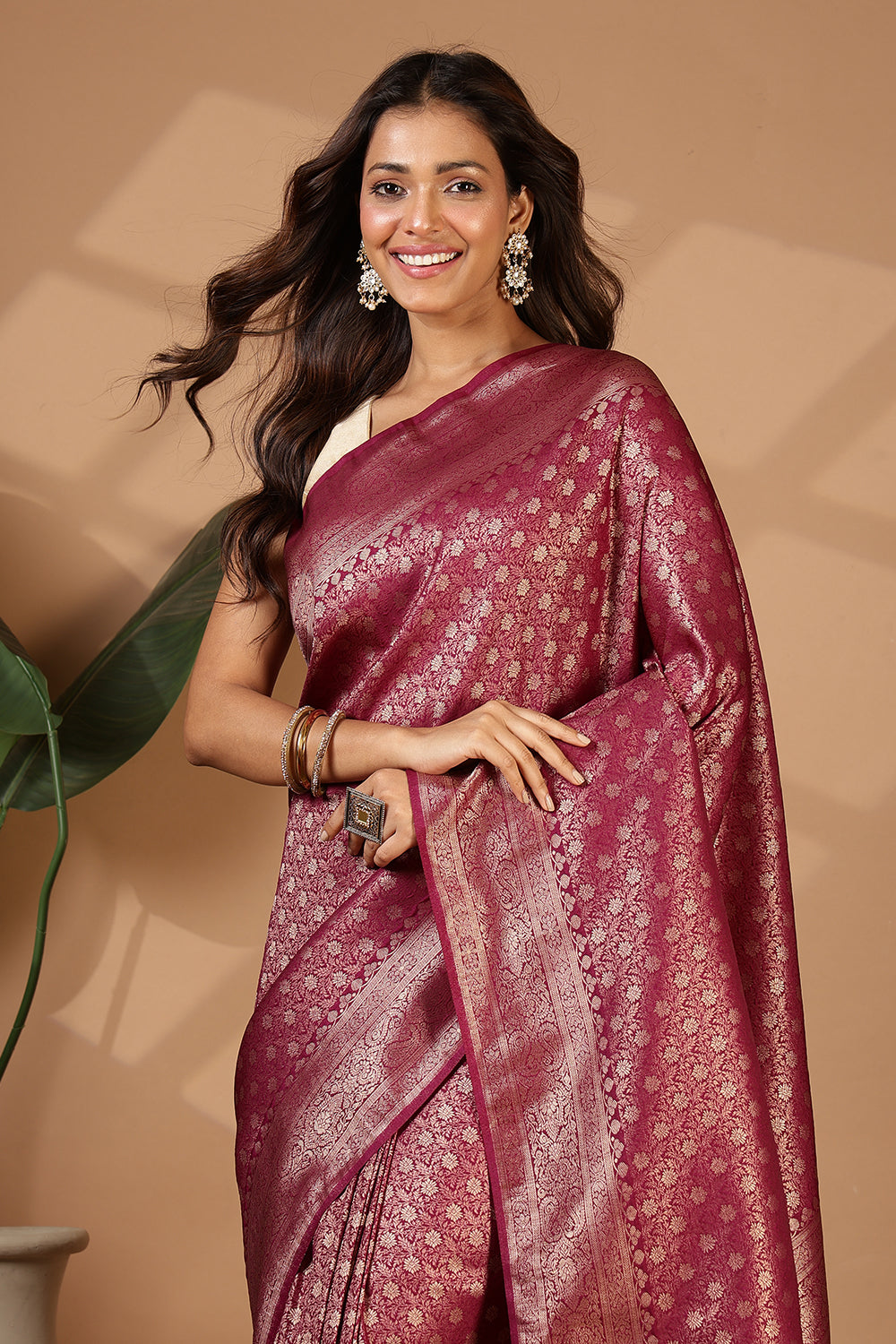 Wine Floral Zaal Woven Soft Silk Saree