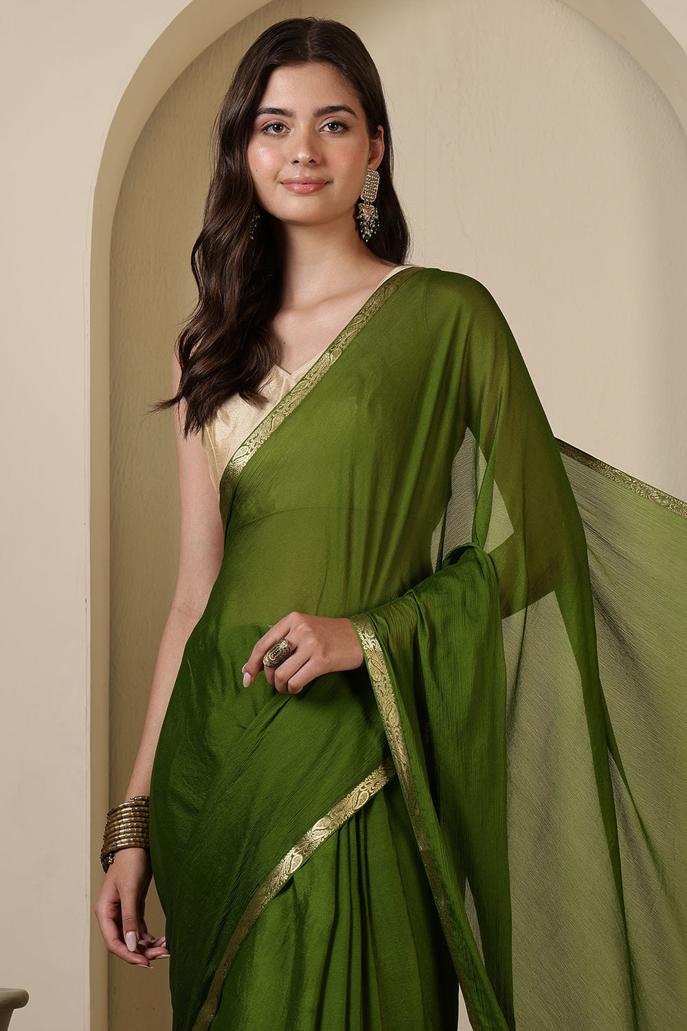 Green Chiffon Zari Border Saree