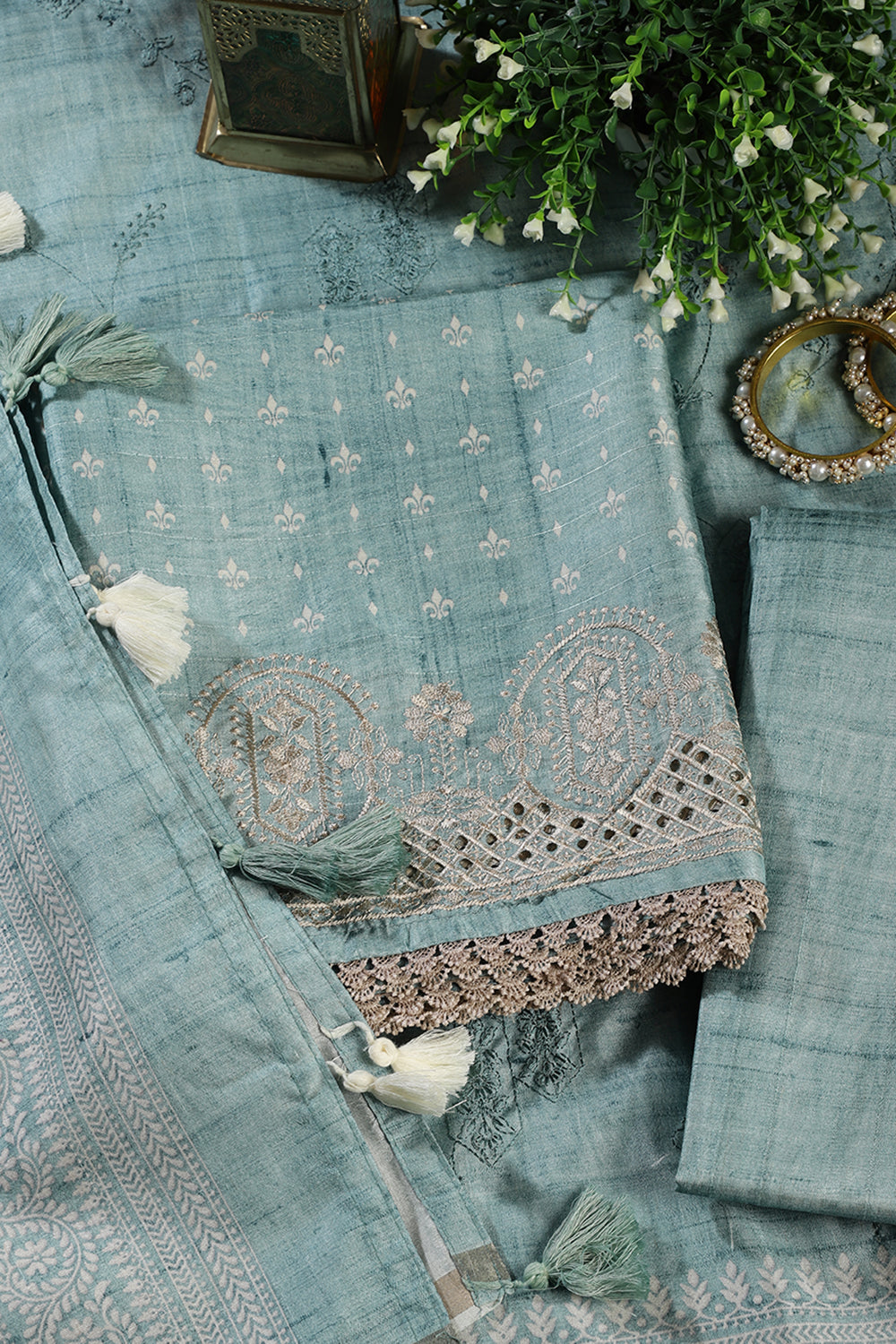 Sea Green Tussar Cotton Printed And Reham Embroidered Unstiched Suit Material