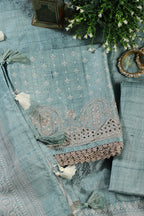 Sea Green Tussar Cotton Printed And Reham Embroidered Unstiched Suit Material