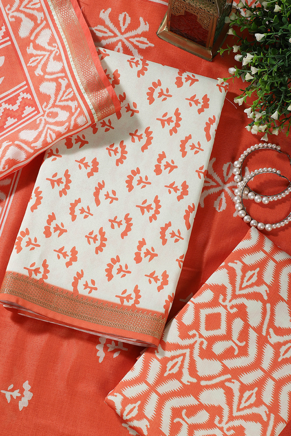 Orange Floral Block Print Cotton Unstitched Suit Fabric