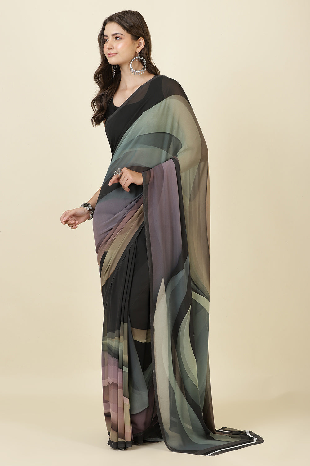 Grey Printed Georgette Saree