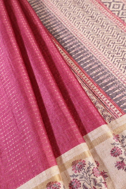 Dark Pink Tussar Silk Zari Woven & Printed Saree