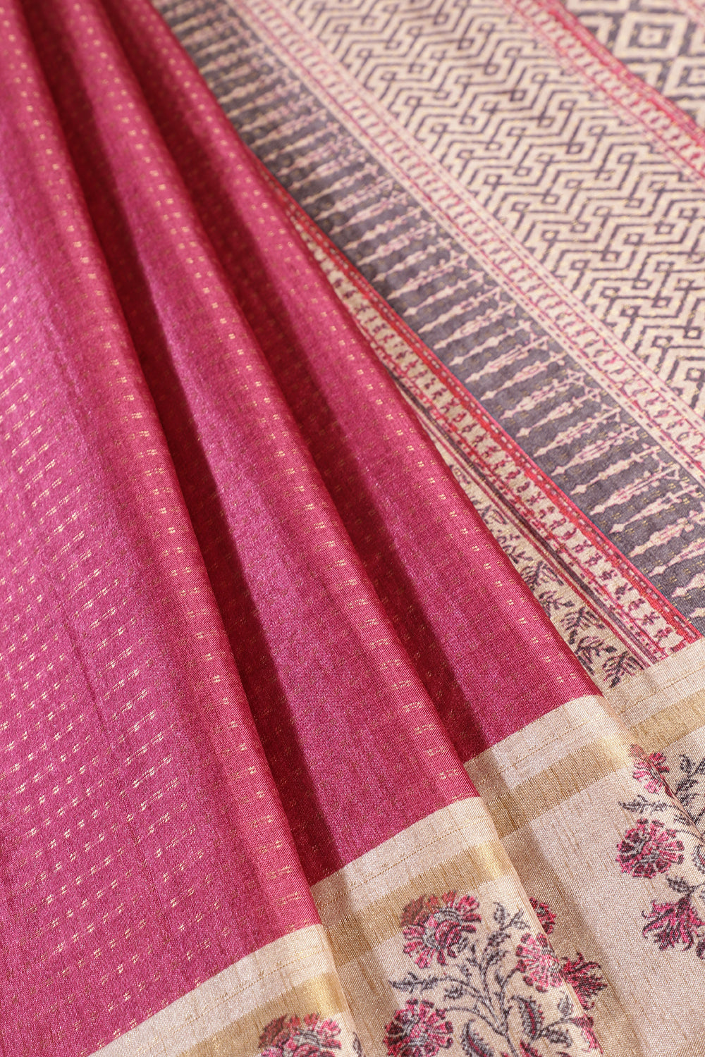 Dark Pink Tussar Silk Zari Woven & Printed Saree
