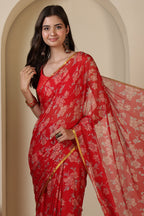 Red Chiffon Zari Border & Floral Printed Saree