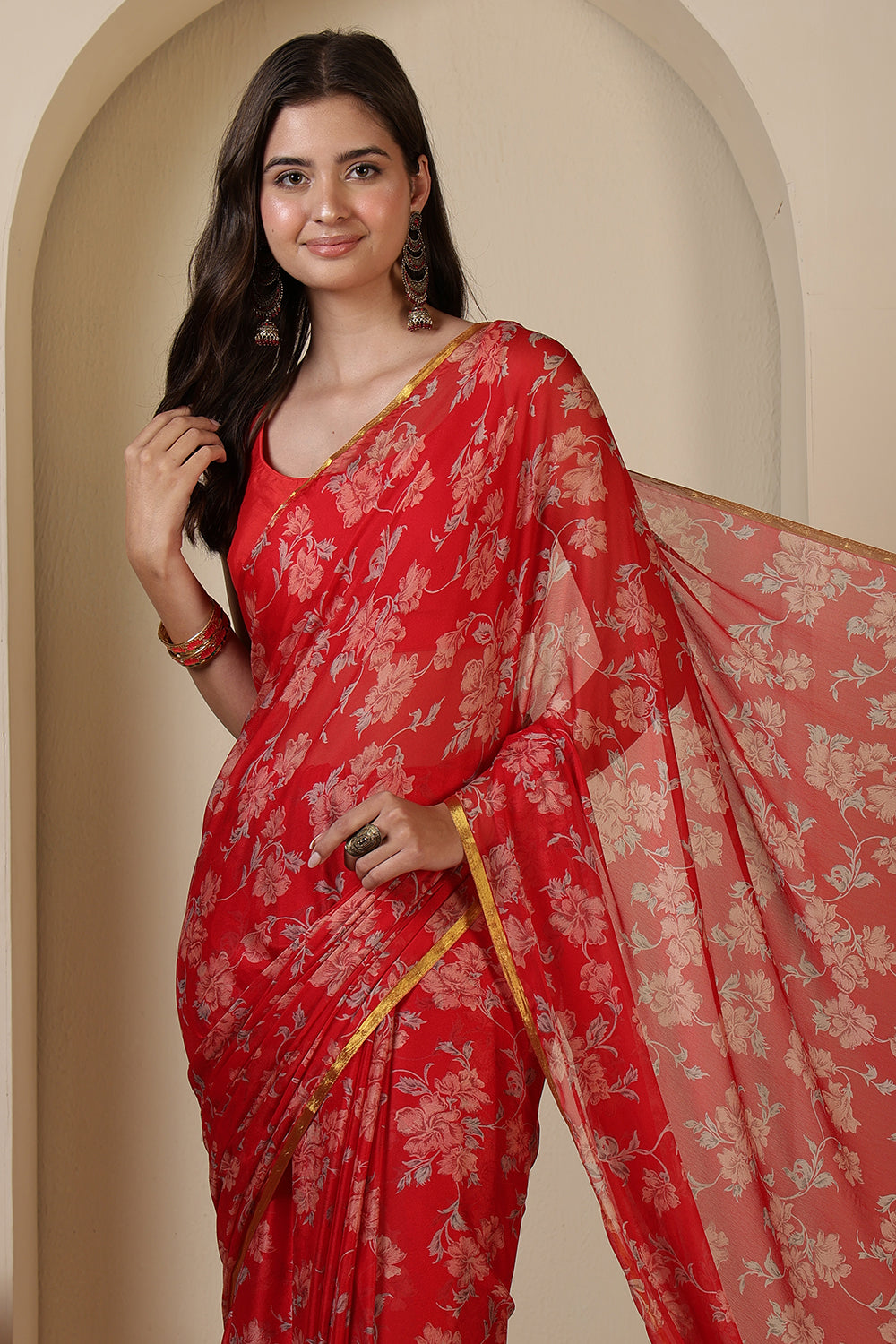 Red Chiffon Zari Border & Floral Printed Saree