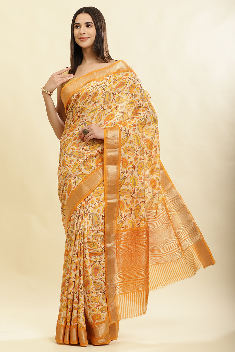 Mustard & Beige Cotton Silk Floral Boota Printed Saree