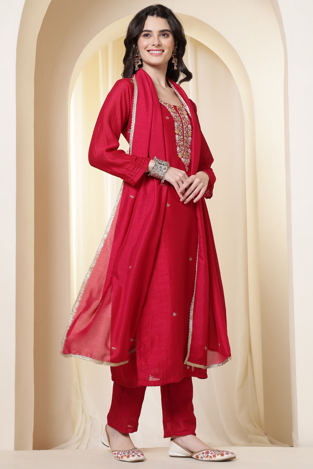 Rani Chinone Silk Neck-Embroidered Suit Set
