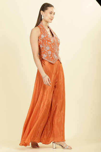 Orange Crepe Silk Emboridered Crop-Top With Palazzo Indo-Western Co-ord Set