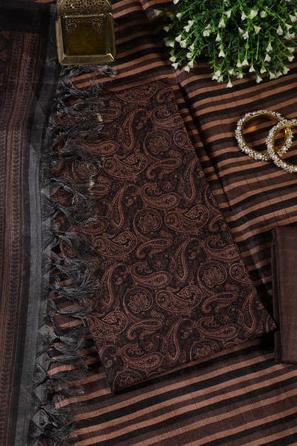 Brown & Black Digital Printed Chanderi Cotton Unstiched Suit Material