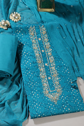 Teal Blue Cotton Neck Zardozi Embroidered & Shibori Printed Unstitched Suit Fabric