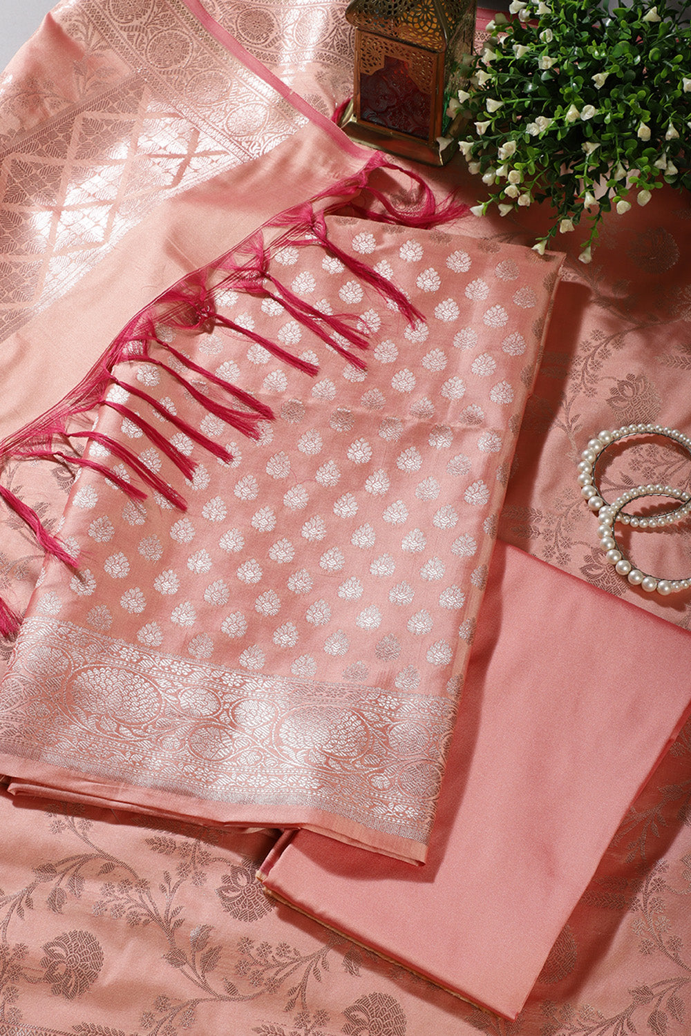 Peach Silk Buta Motifs Woven Unstitched Suit Fabric