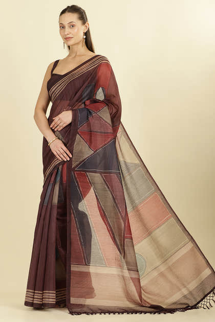 Wine Organza Cotton Printed Saree