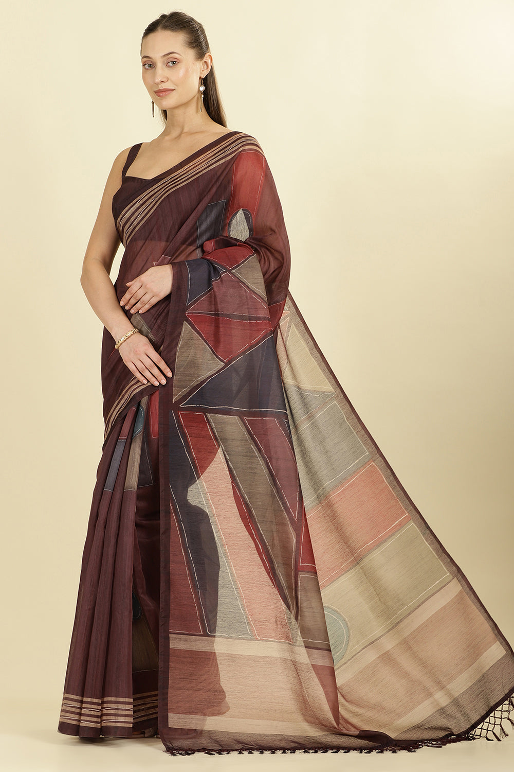 Wine Organza Cotton Printed Saree