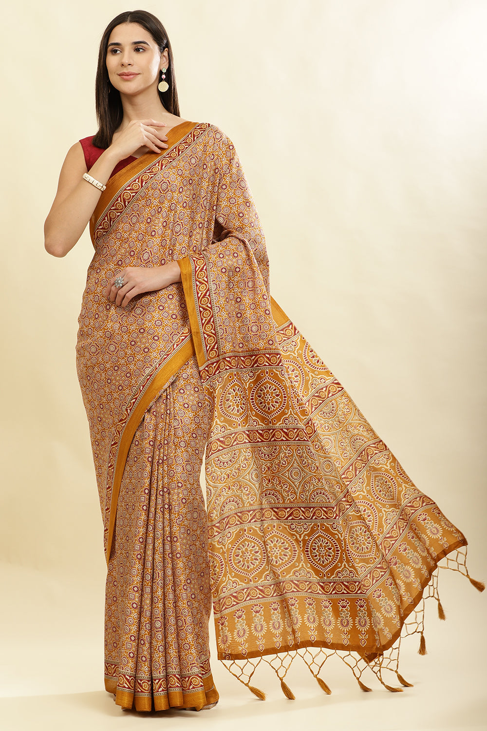 Mustard Cotton Silk Ajrakh Block Printed Saree