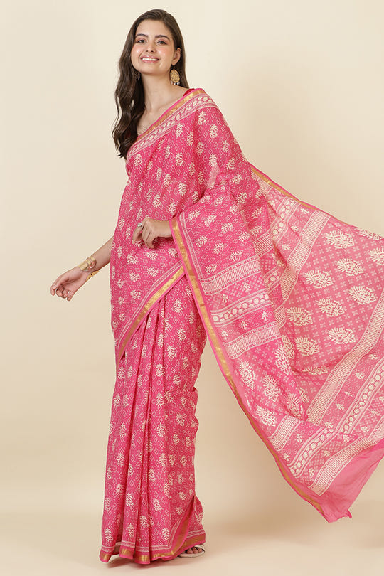 Hot Pink Cotton Block Printed Saree