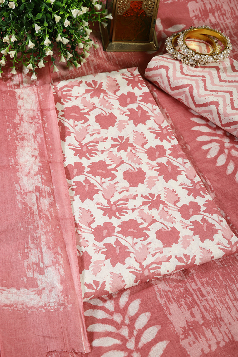 Pink Color Cotton Printed Unstitched Suit