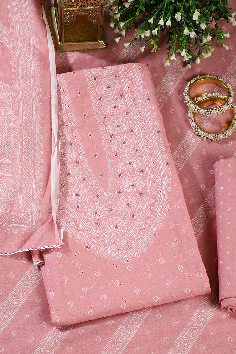 Pink Color Printed & Resham Embroidered Unstitched Suit