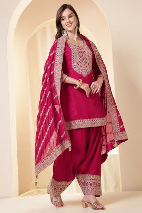 Rani Zari Embroidered Silk Suit With Parsi Salwar