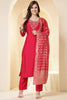 Fushia Pink Color Silk Neck Embroidered Suit Set