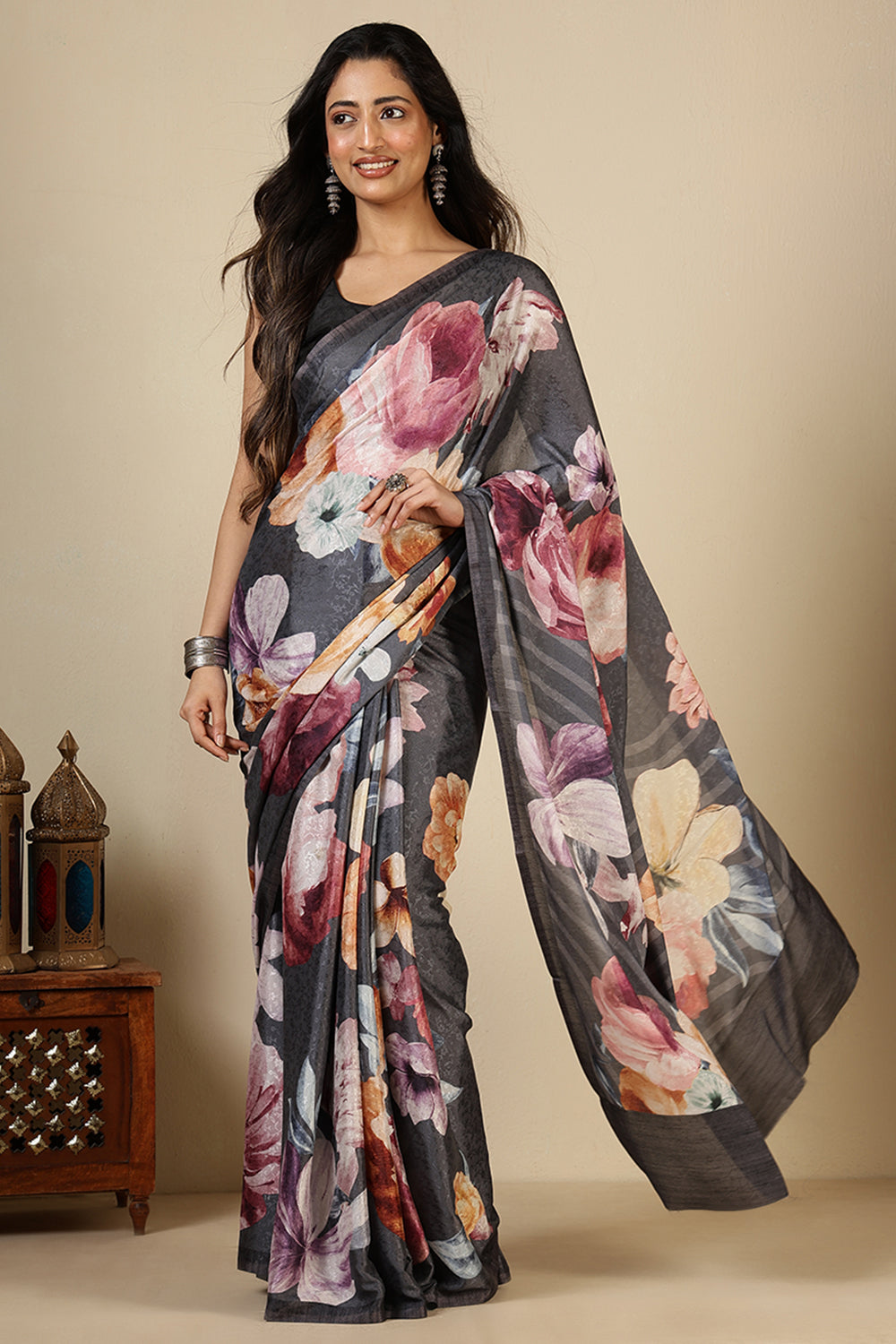 Grey Printed Jacquard Silk Saree