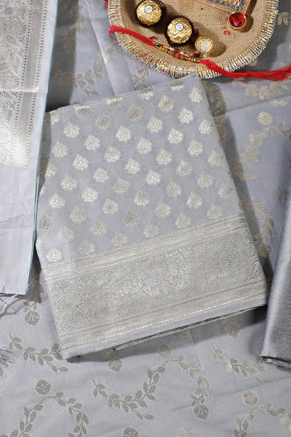 Grey Silk Zari Woven Unstitched Suit Fabric
