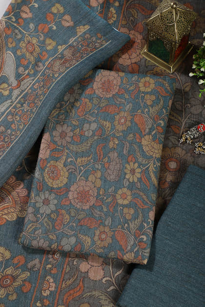 Pale Blue Floral Printed Spun Unstitched Suit Material