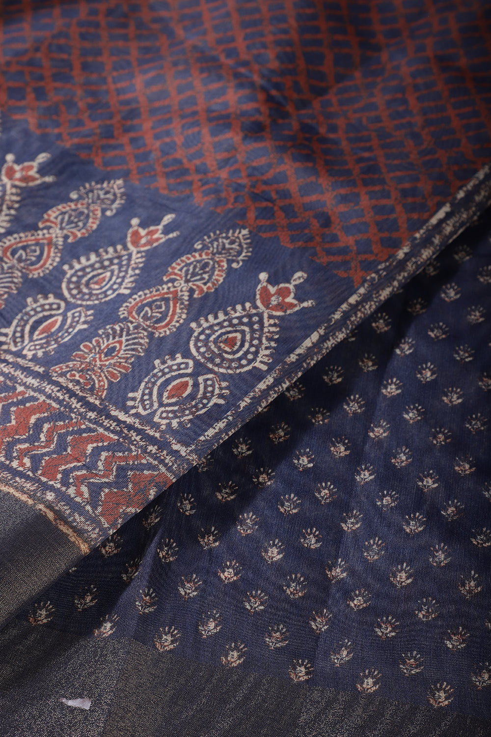 Blue & Rust Color Cotton Printed Saree