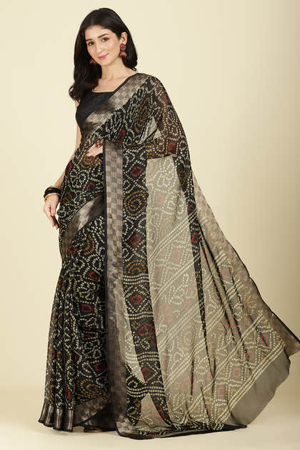 Black Color Chiffon Bandhani Printed Saree