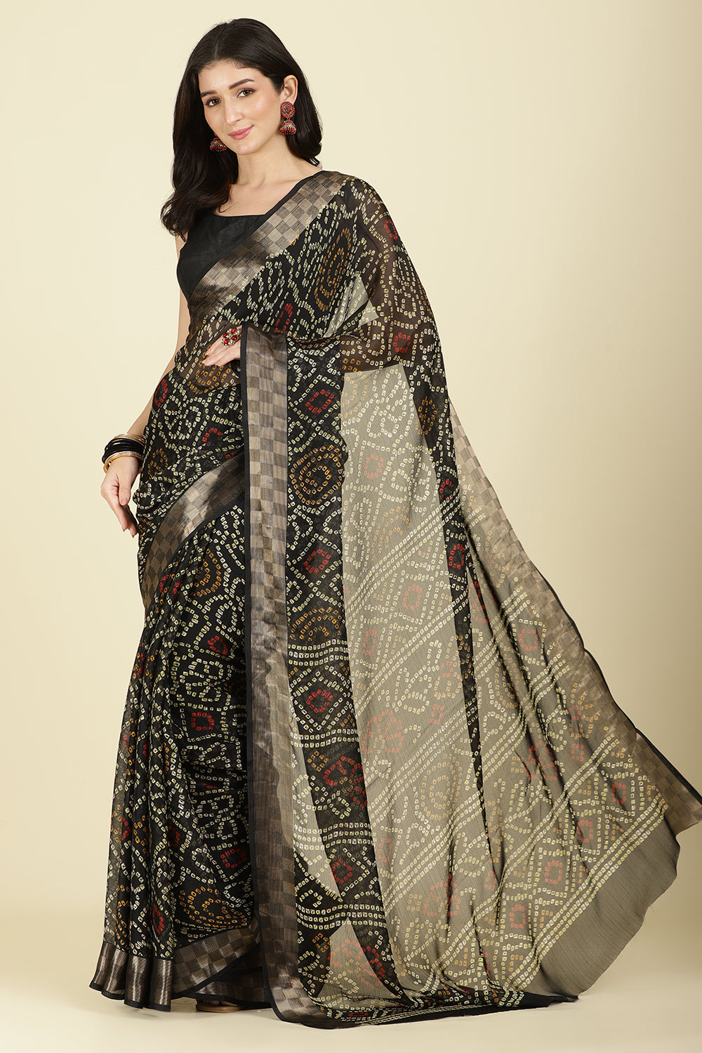 Black Color Chiffon Bandhani Printed Saree