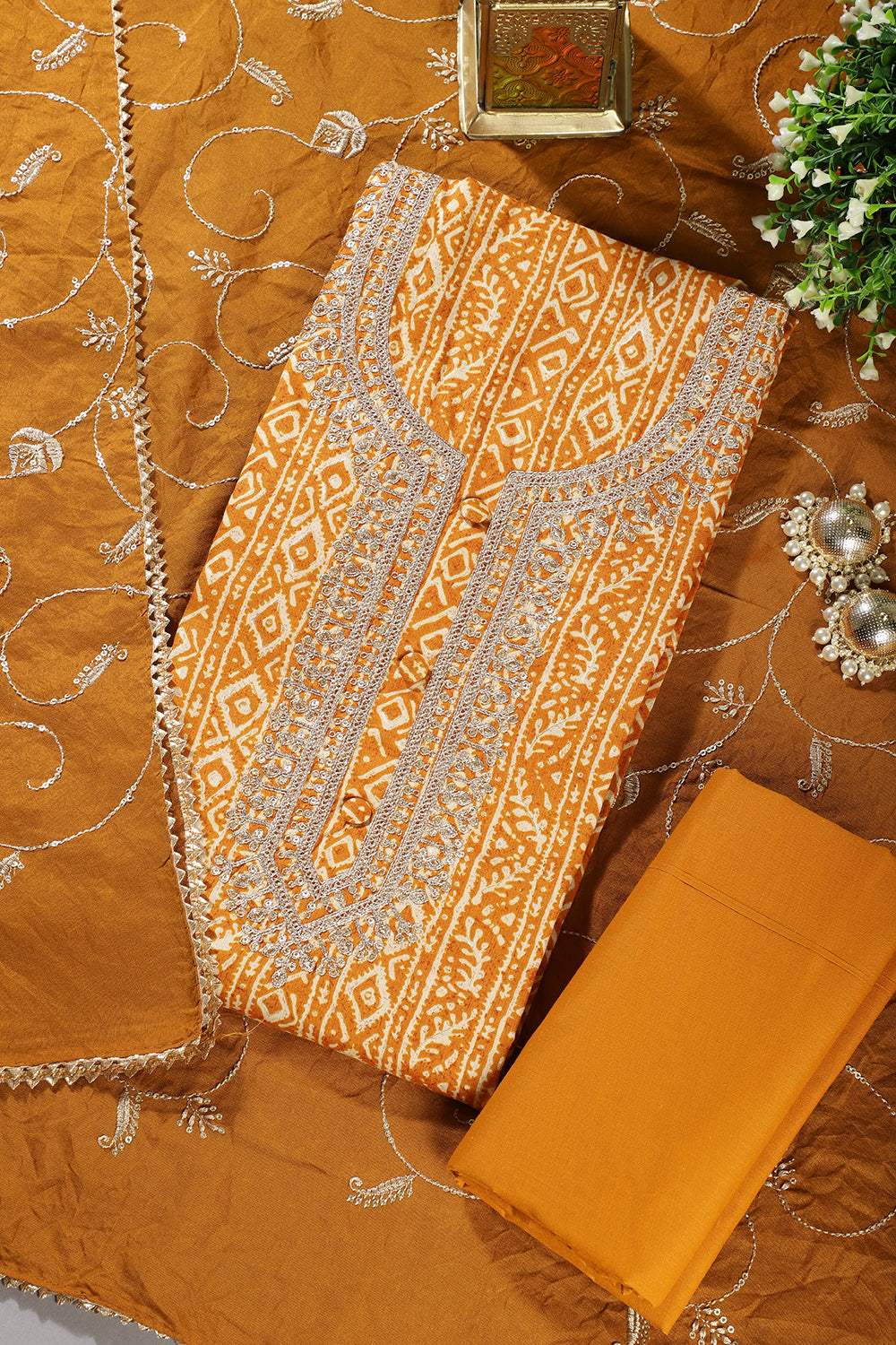 Mustard Cotton Digital Printed & Neck Embroidered Unstitched Suit