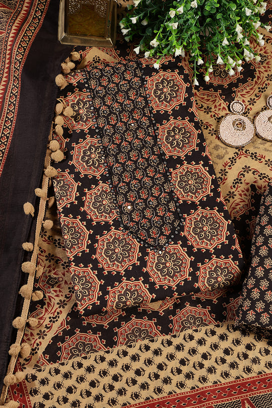 Black Cambric Cotton Printed And Mirror Wrok Unstitched Suit Material