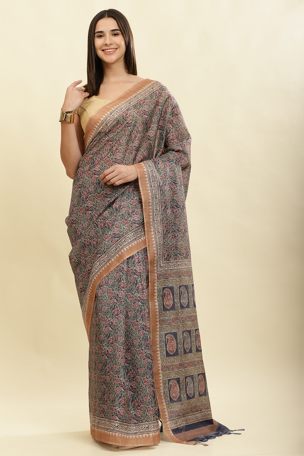 Navy Cotton Silk Floral Boota Printed Saree