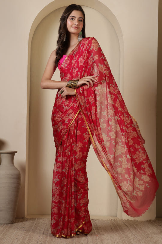 Rani Chiffon Floral Zari Border & Floral Printed Saree