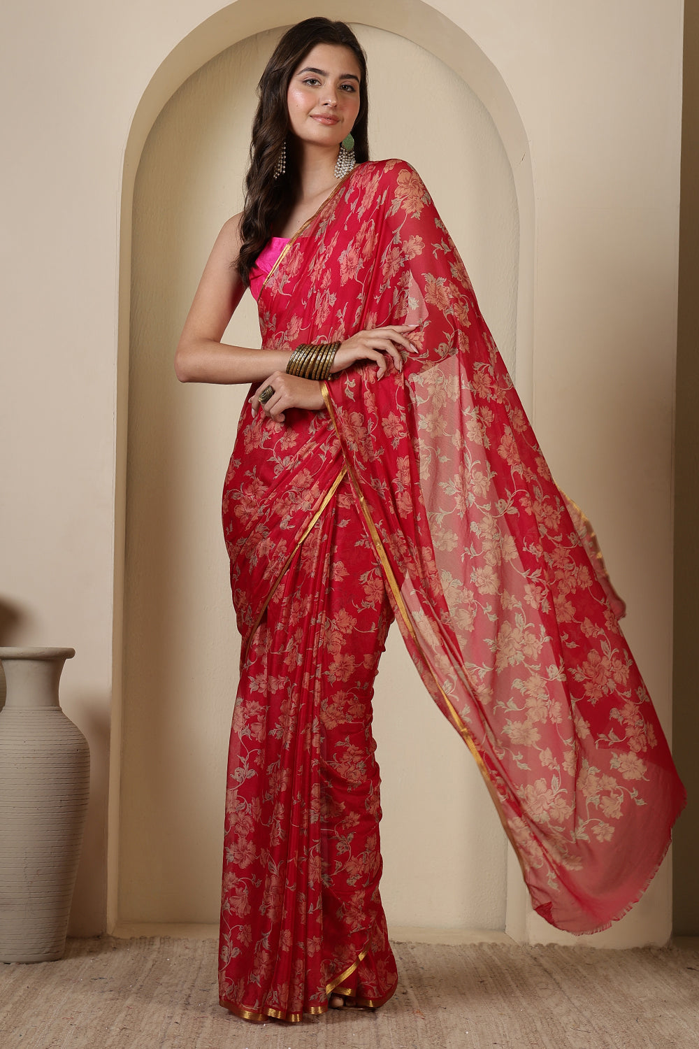 Rani Chiffon Floral Zari Border & Floral Printed Saree