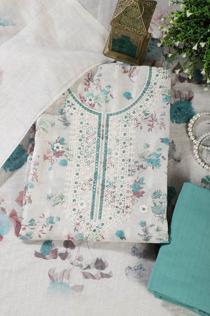 Cream & Terquoise Chanderi Cotton Floral Printed And Embroidered Unstitched Suit