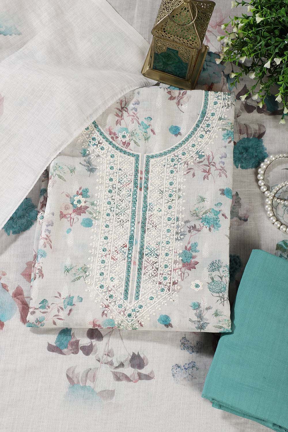Cream & Terquoise Chanderi Cotton Floral Printed And Embroidered Unstitched Suit