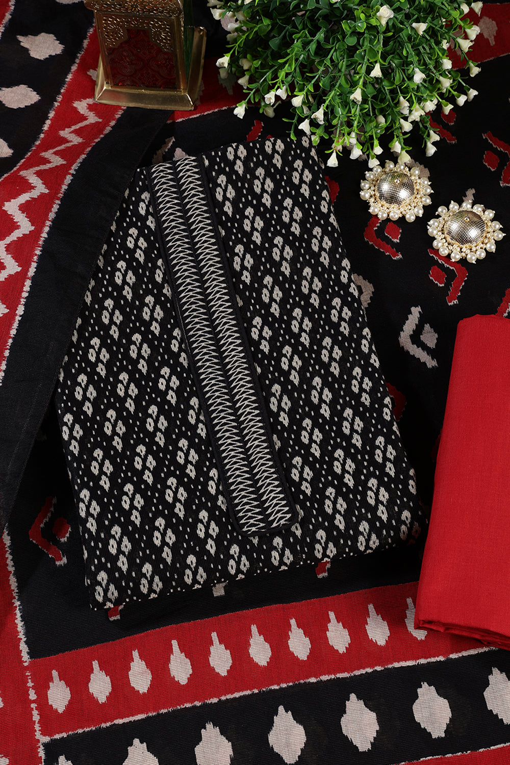Black Ikkat Cotton Printed Unstitched Suit Material