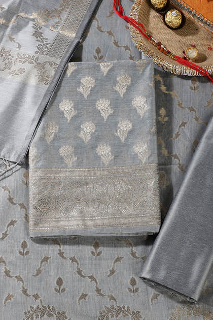 Grey Silk Zari Woven Unstitched Suit Material