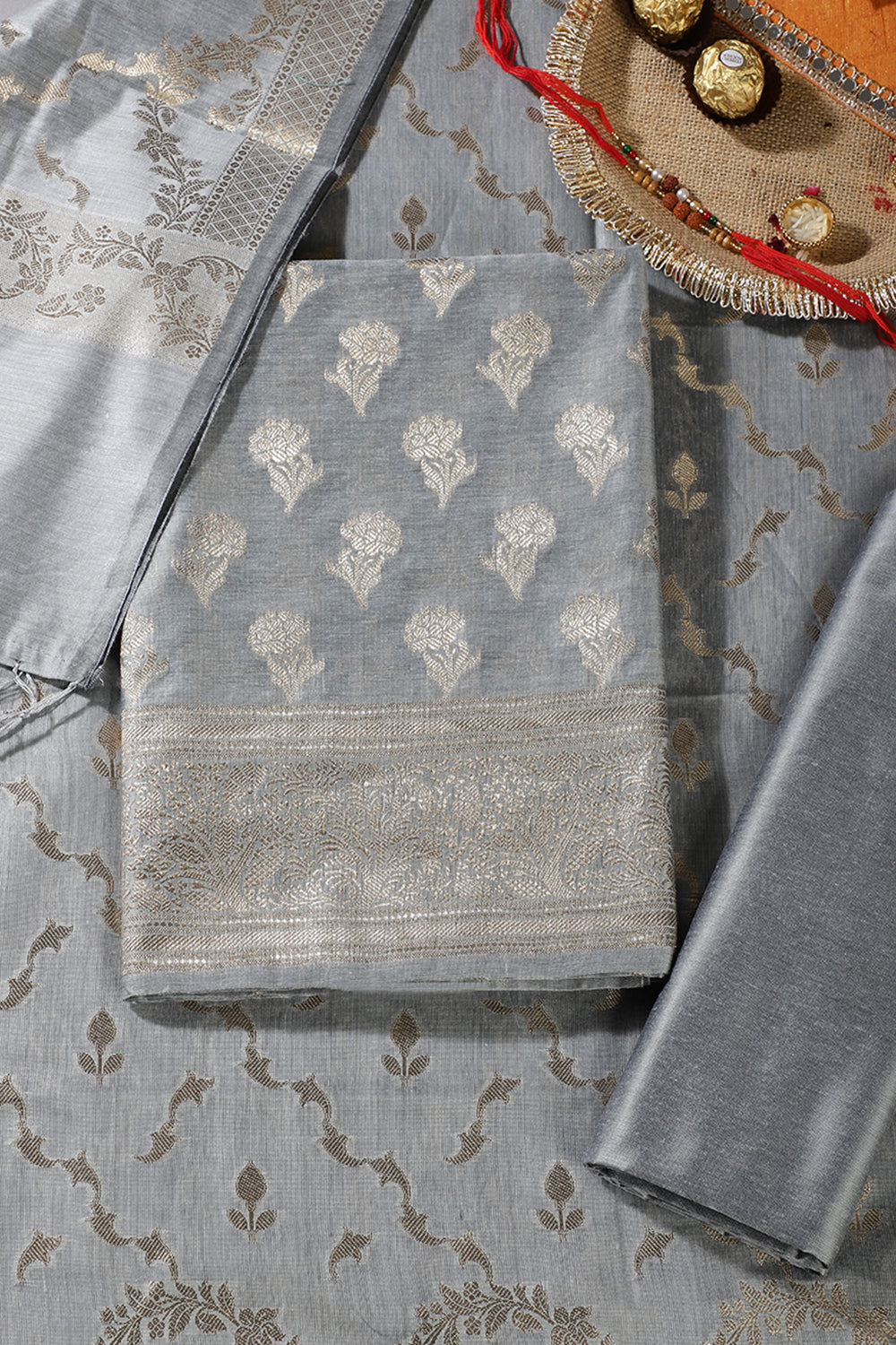 Grey Silk Zari Woven Unstitched Suit Material