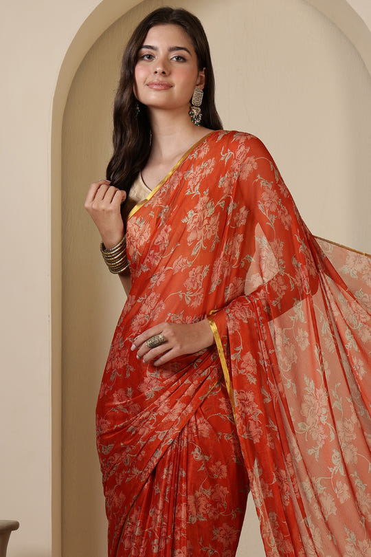 Orange Chiffon Floral Zari Border & Floral Printed Saree