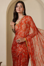 Orange Chiffon Floral Zari Border & Floral Printed Saree