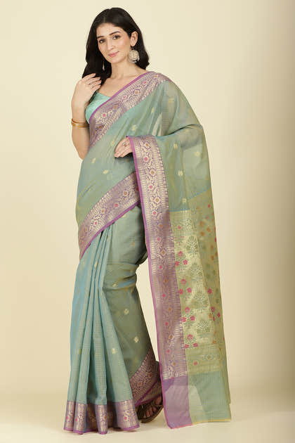Sea Green Kota Cotton Zari Woven Saree