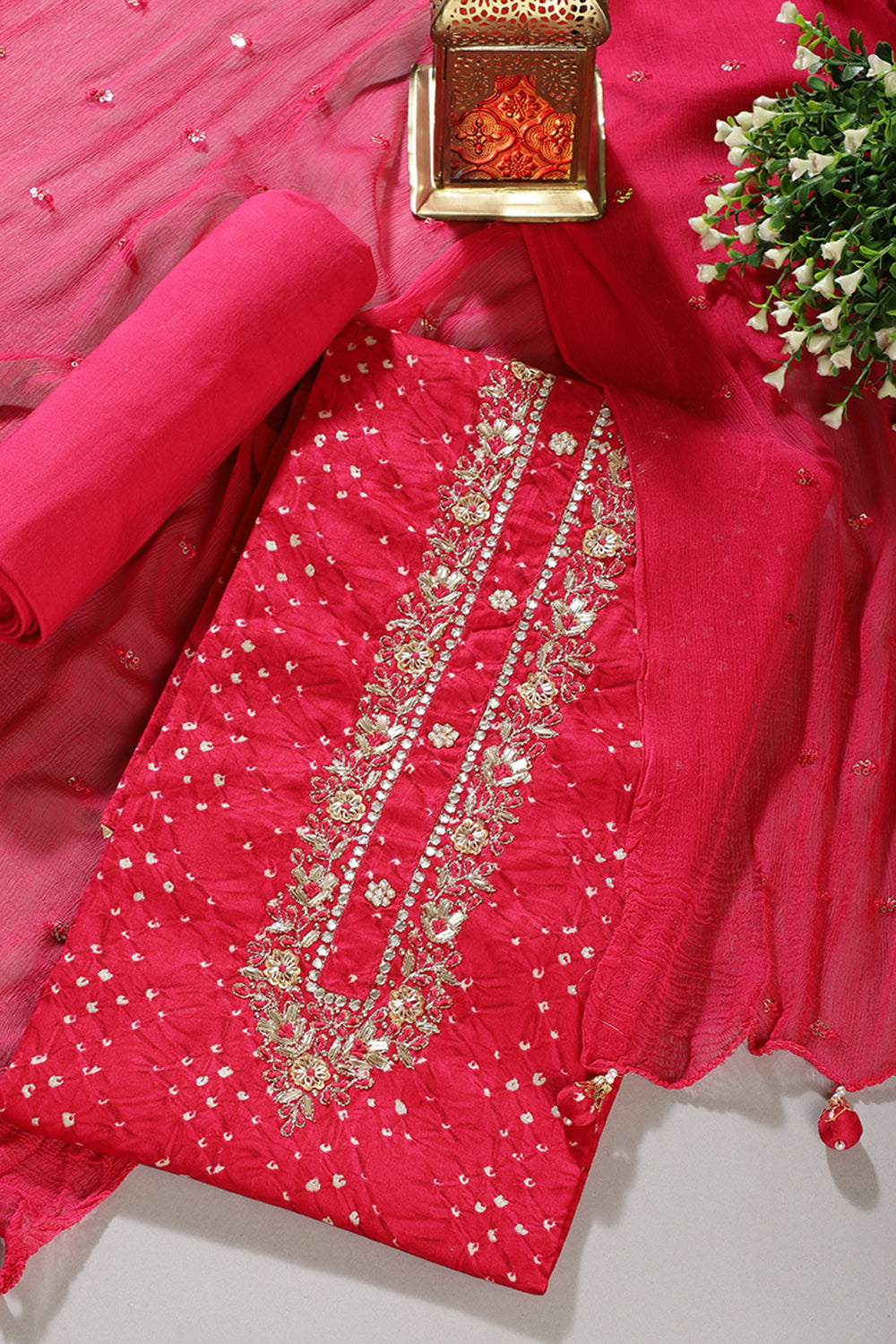 Cardinal Cotton Neck Zardozi Embroidered & Shibori Printed Unstitched Suit Fabric