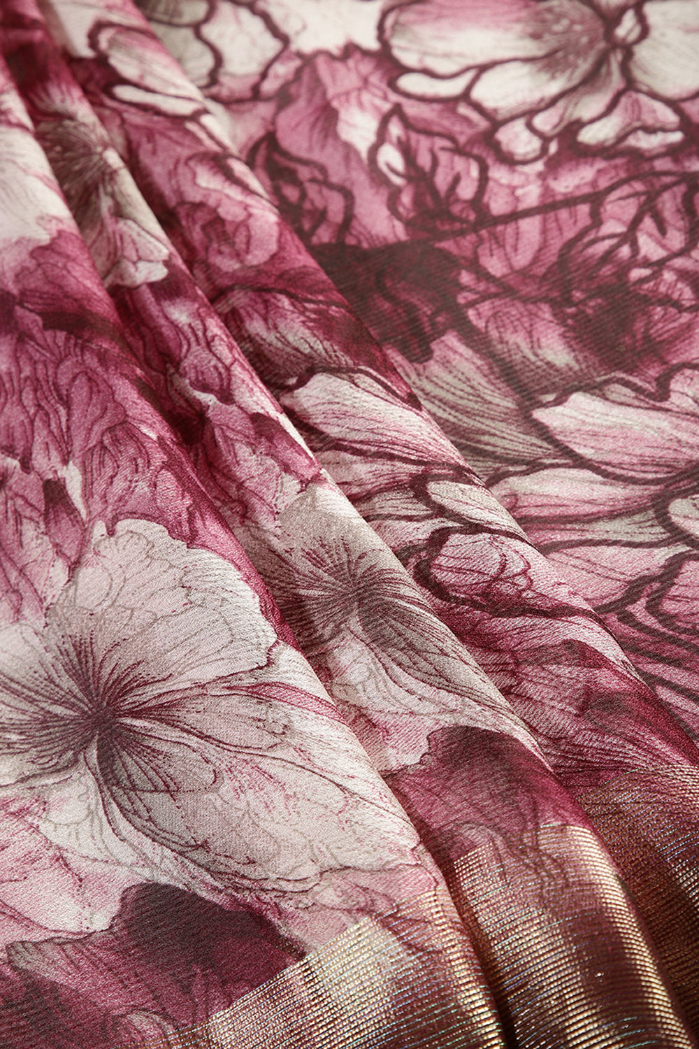 Wine Color Chiffon Floral Printed Saree