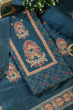 Blue Tussar Silk Printed Unstitched Suit Material